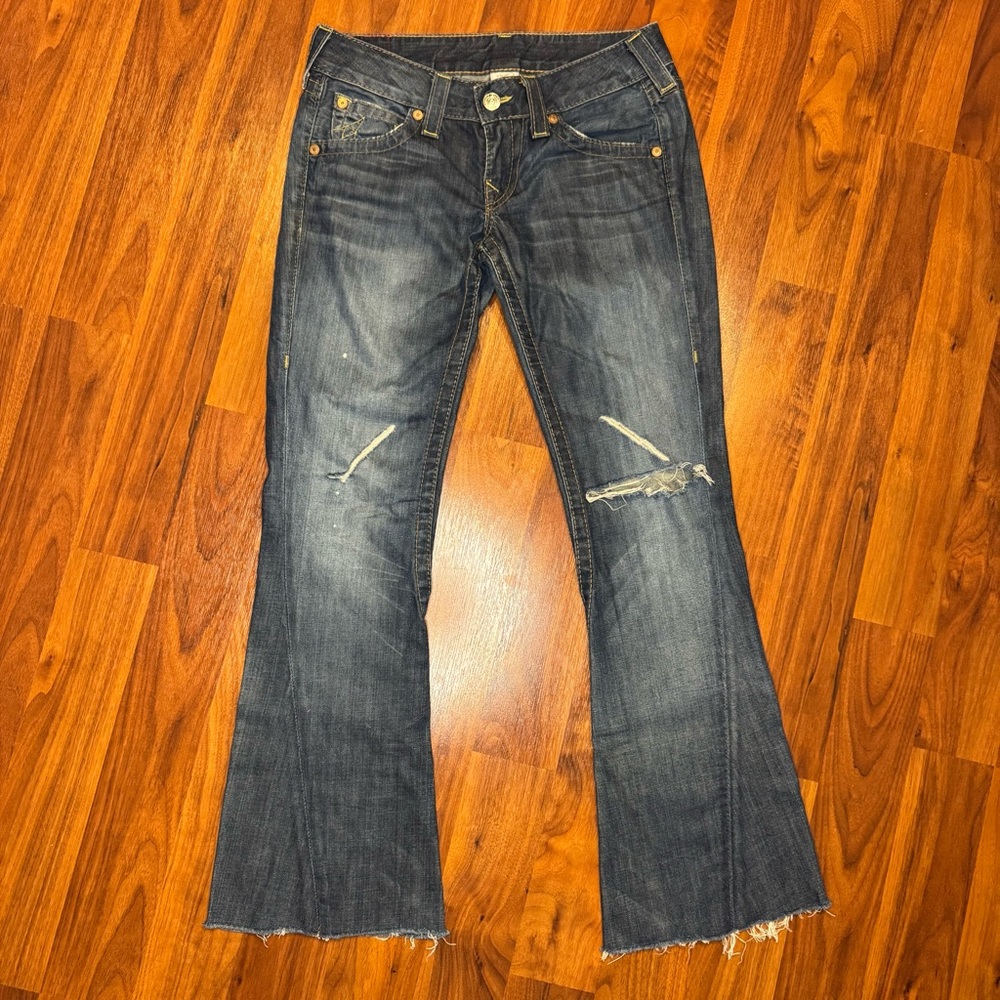 True Religion Low Rise Joey Twisted Flare Distressed Jeans Sz 28